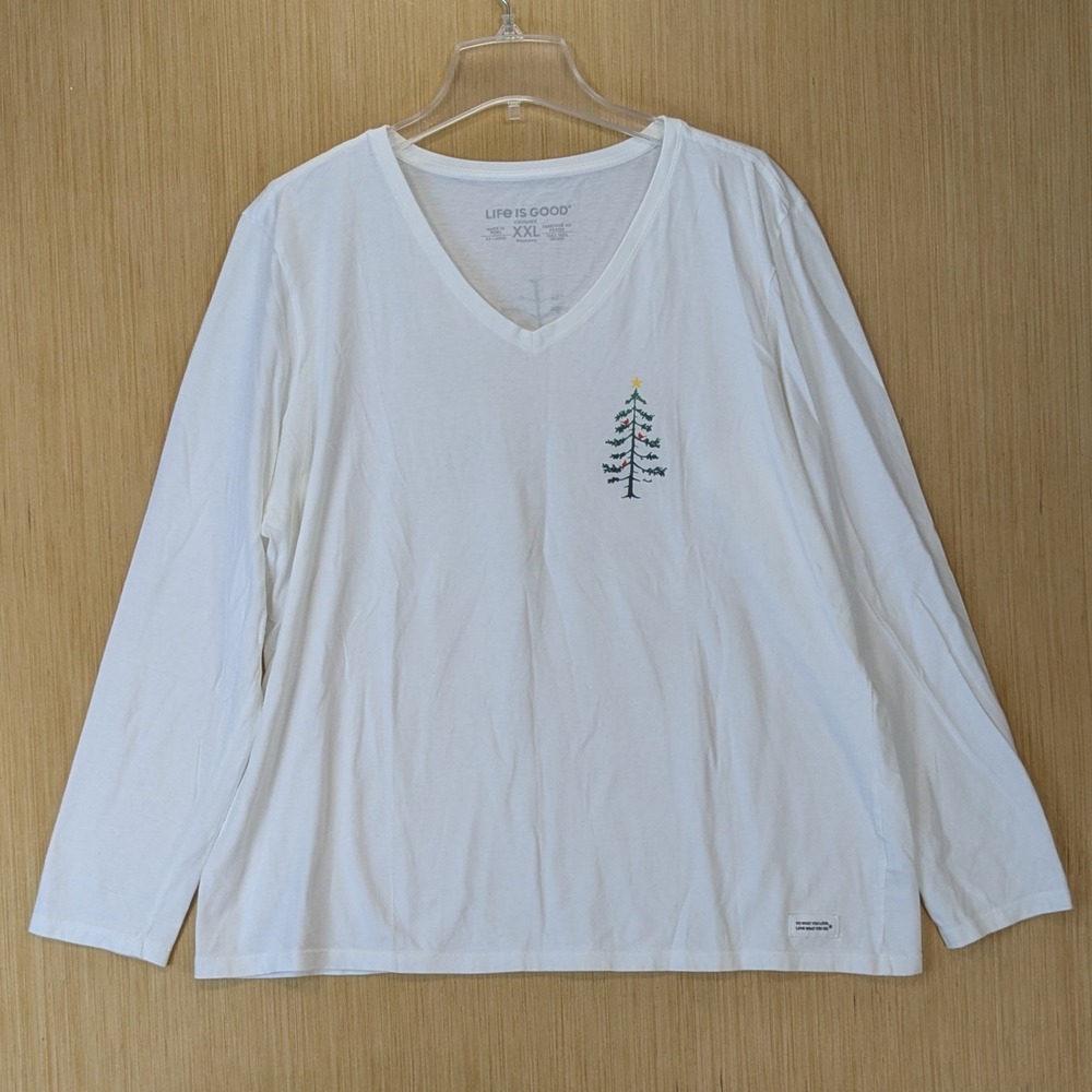Life is Good Womens Christmas Holiday Shirt XXL White V-Neck Long Sleeve Peace